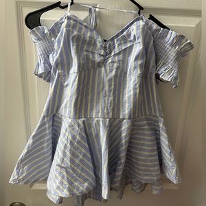 Belle & Sky Blue White Striped Off-Shoulder Peplum Top – Size Large – NWT
